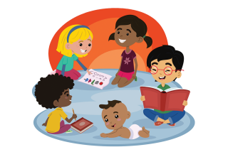 An illustration of babies and toddlers sitting on a rug and playing with books.