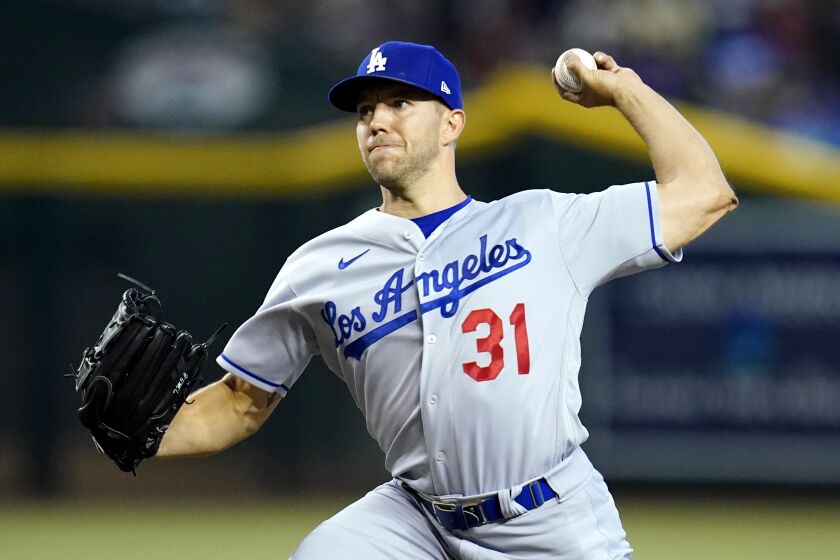 Los Angeles Dodgers starting pitcher Tyler Anderson throws a pitch against the Arizona Diamondbacks.