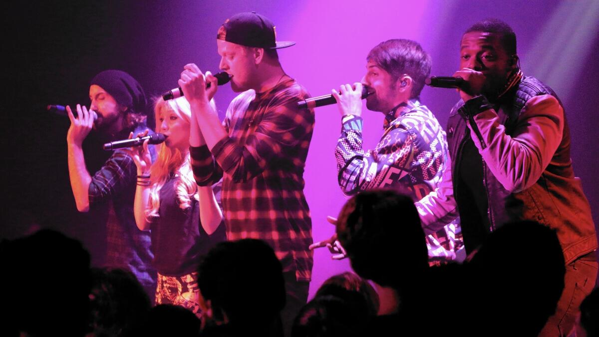 Singers Avi Kaplan, left, Kirstie Maldonado, Scott Hoying, Mitch Grassi and Kevin Olusola of Pentatonix perform at the Roxy.