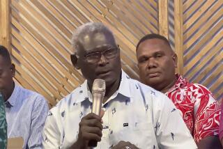 In this image taken from video, outgoing Solomon Islands Prime Minister, Manasseh Sogavare speaks during a news conference, Monday, April 29, 2024, in Honiara, Solomon Islands. Sogavare on Monday withdrew from the contest to remain head of the strategically important South Pacific island nation’s government following general elections two weeks ago that are central to the U.S.-China rivalry in the region. (Australian Broadcasting Corporation via AP)