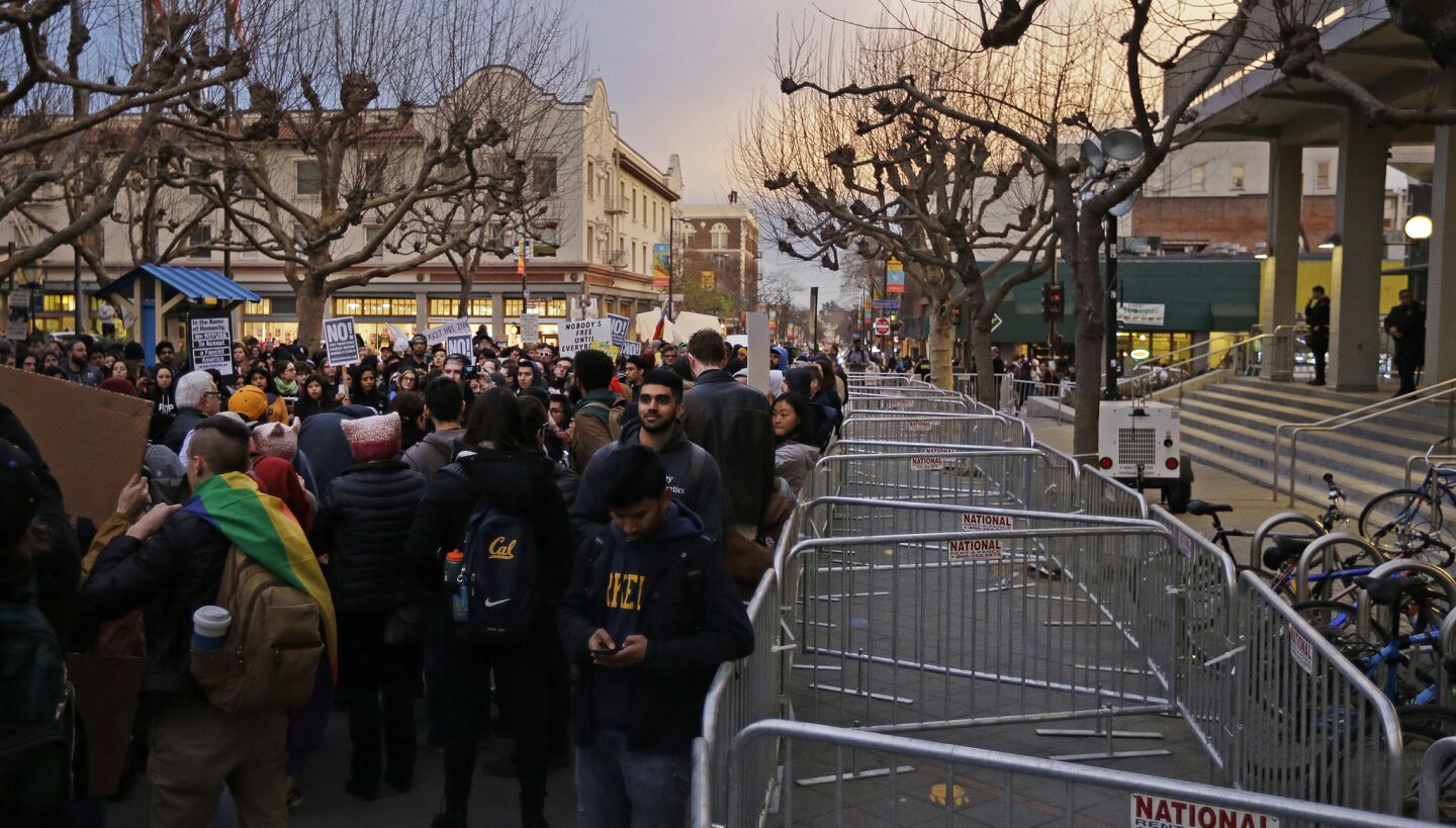 Much of UC Berkeley was placed on lockdown as protesters refused police orders to disperse.