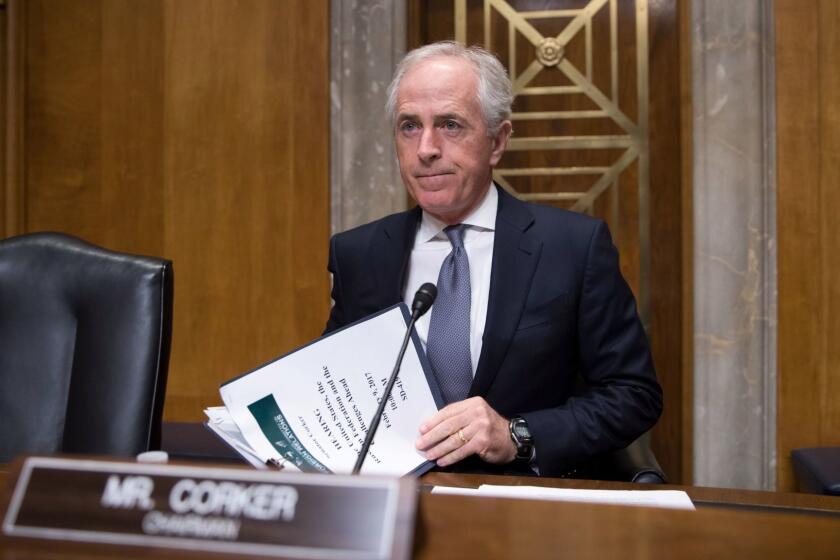 FILE--In this photo from Thursday, Feb. 9, 2017, Sen. Bob Corker, R-Tenn., chairman of the Senate Foreign Relations Committee, arrives to lead a hearing about the future of U.S. relations with Russia, on Capitol Hill in Washington. President Donald Trump is lashing out at Sen. Corker as 'Liddle Bob Corker,' continuing a feud with the Tennessee senator who called the White House and 'adult day care center' and warned Trump could put the nation on the path toward World War III. Stepping cautiously, fellow Republicans senators are avoiding taking sides in the dispute but calling on both sides to cool it down. (AP Photo/J. Scott Applewhite, file)