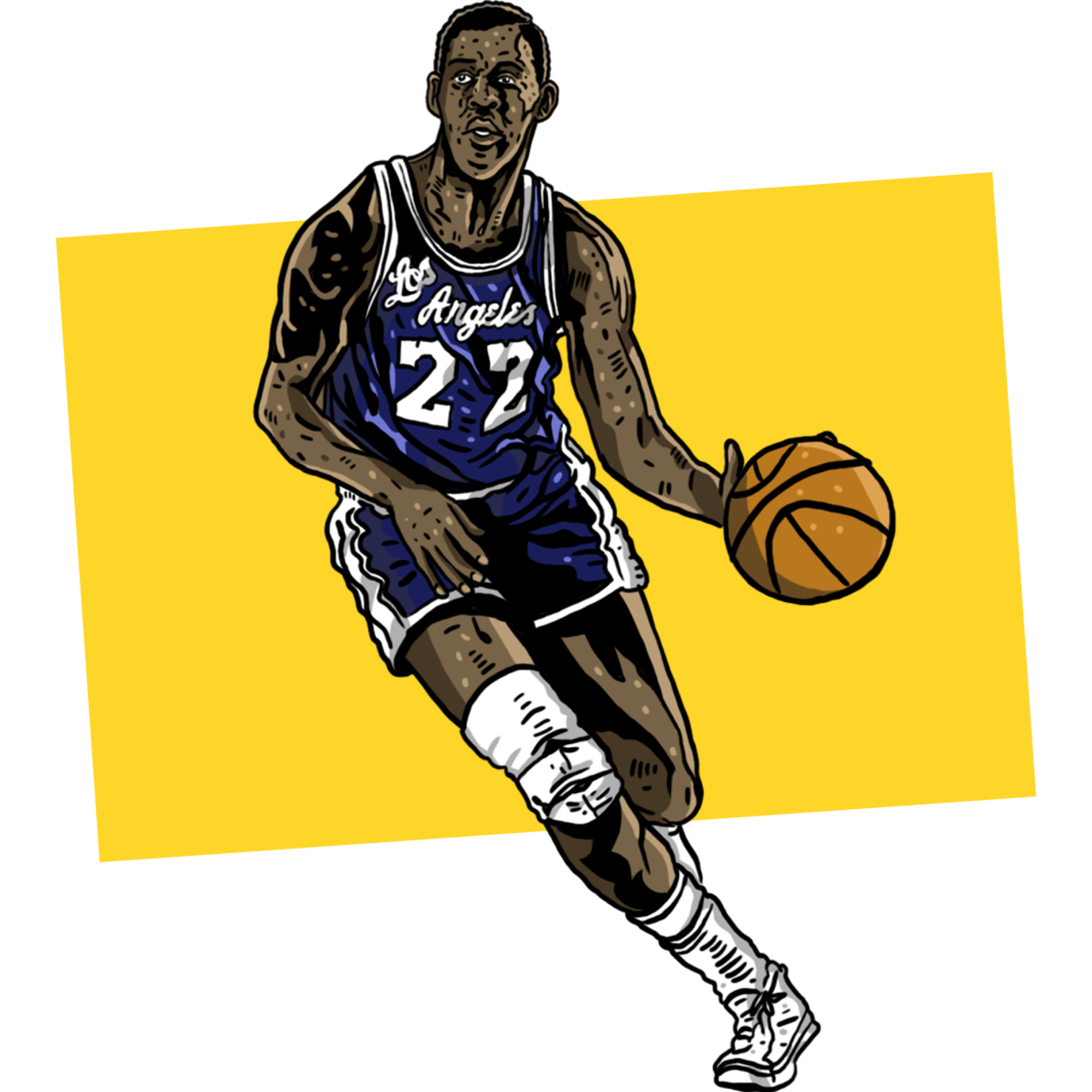 Illustration of Elgin Baylor in a #22 jersey dribbling the ball.
