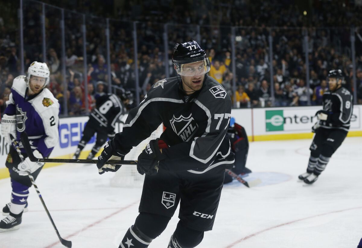 Kings forward Jeff Carter (77) skates toward the boards after scoring for the Pacific Division against the Central Division during the NHL All-Star game on Jan. 29.