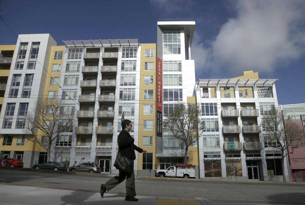 An apartment and condo building in San Francisco, where home prices soared in April.