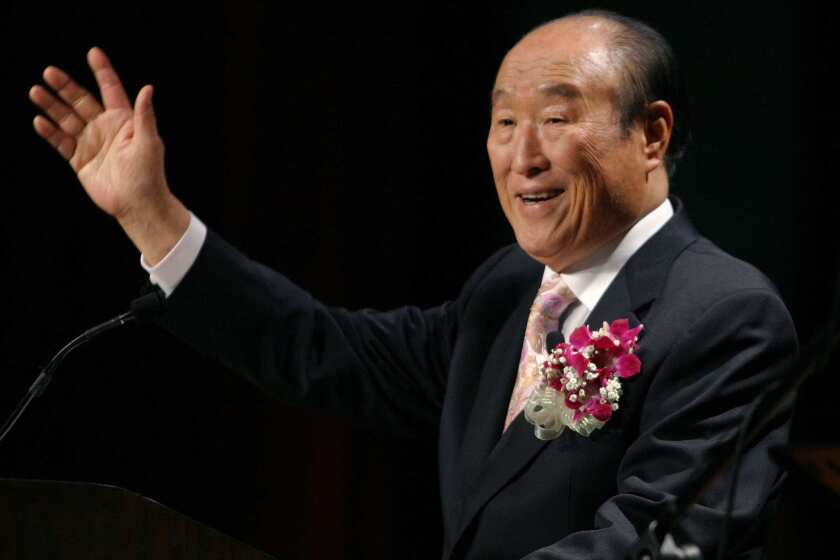 The Rev. Sun Myung Moon speaks during his "Now is God's Time" rally in New York.