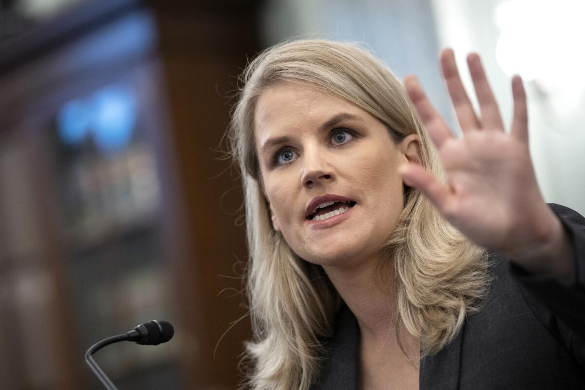 Former Facebook employee Frances Haugen testifies to senators on Oct. 5.