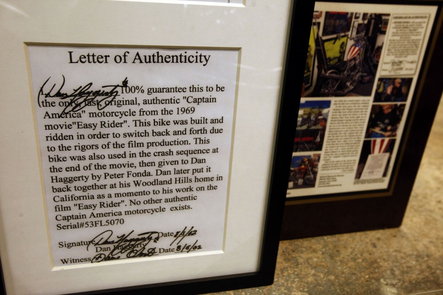 A letter of authenticity -- signed by actor Dan Haggerty -- for the "Captain America" Harley Davidson that will be auctioned off at Profiles in History in Calabasas on Saturday.