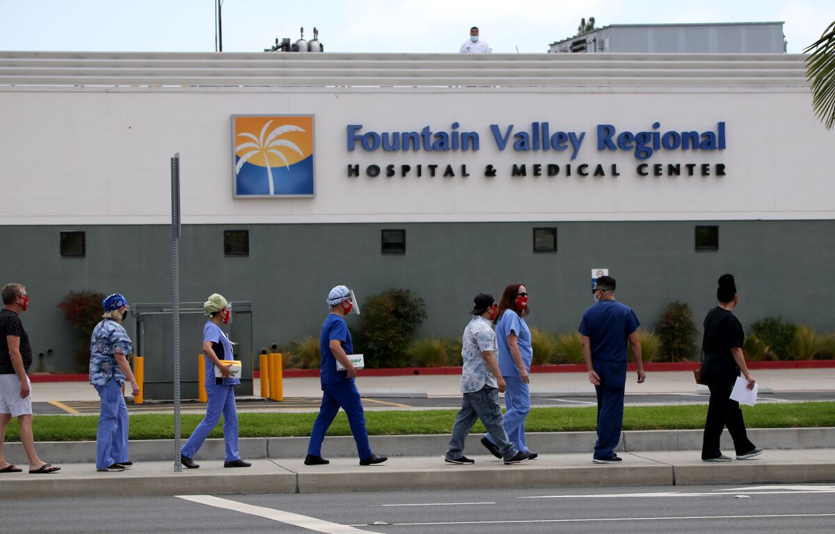 Employees march Thursday outside the Fountain Valley Regional Hospital and Medical Center 