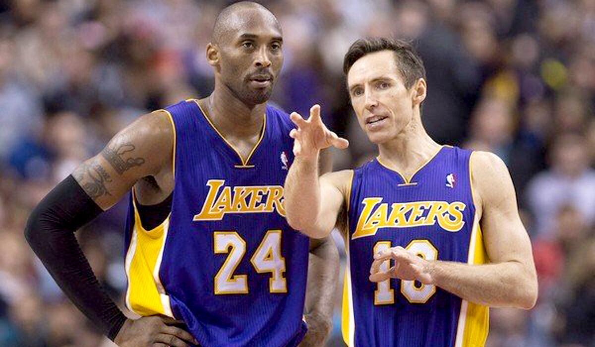Kobe Bryant, left, and Steve Nash have spent most of the 2013-14 NBA season in street clothes because of injuries. Each has played only six games.
