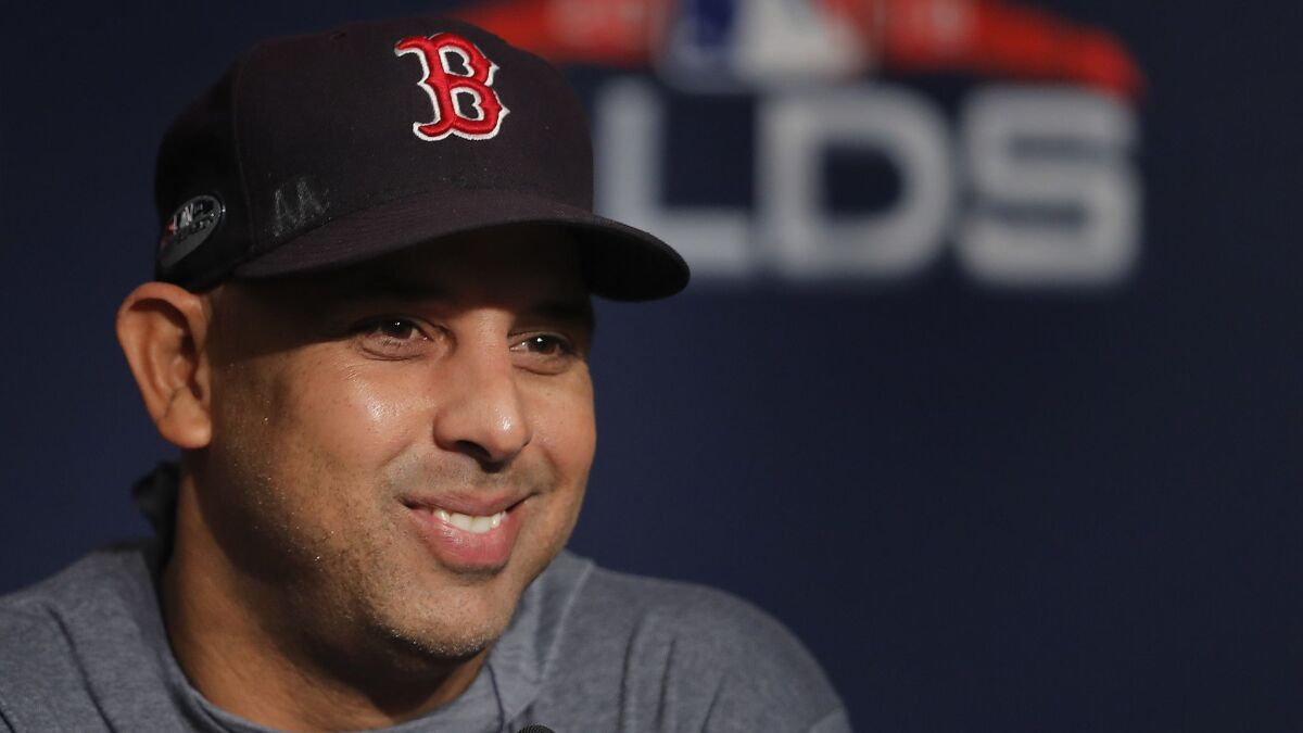 Boston Red Sox manager Alex Cora answers questions during a news conference on Oct. 7, 2018, in New York.