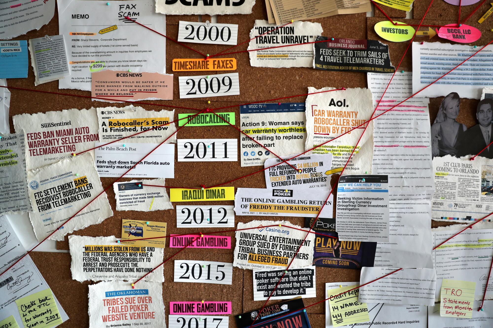 A cork board with news clippings, photos, notes and a red string connecting thumb tacks 