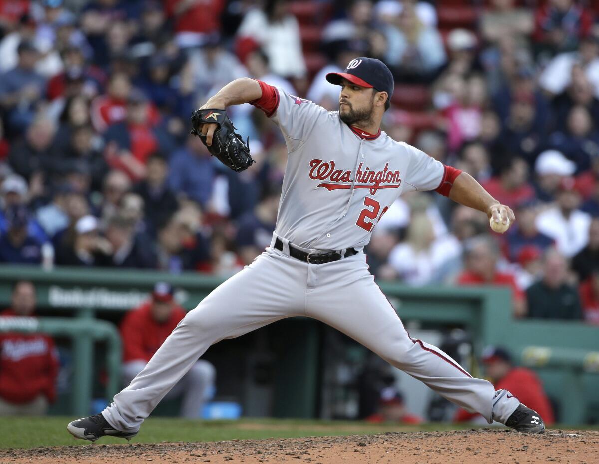 Washington Nationals pitcher Xavier Cedeno delivers a pitcher against the Boston Red Sox during the eighth inning of a game on April 13.