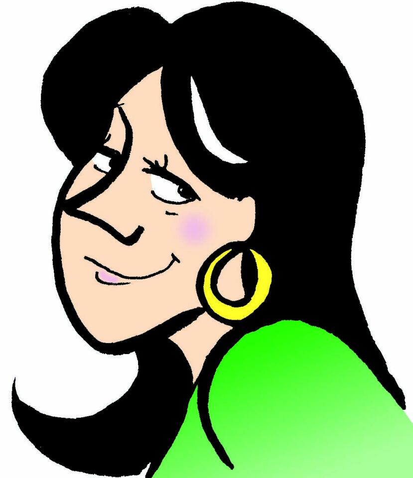Illustration of a woman with a wry smile, straight black hair and a gold earring