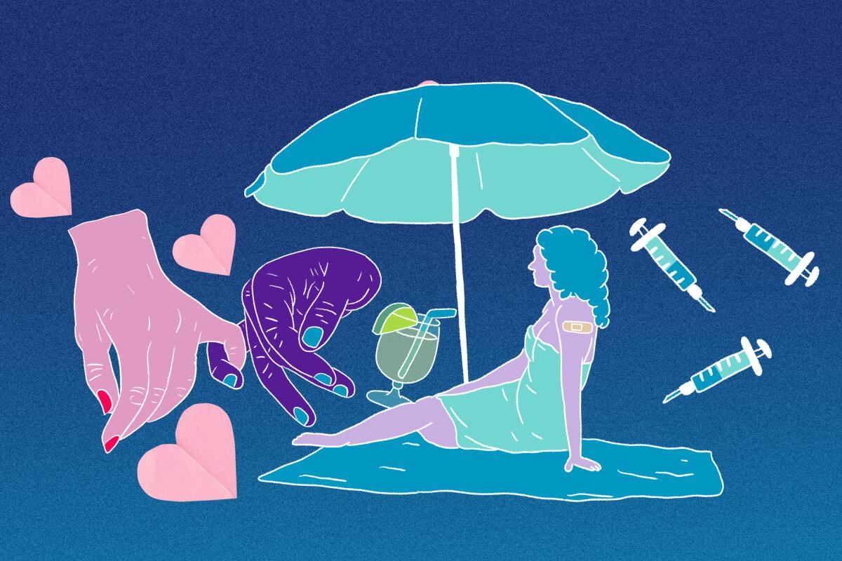 Illustration of a vaccinated woman enjoying summer romance, drinks and the beach.