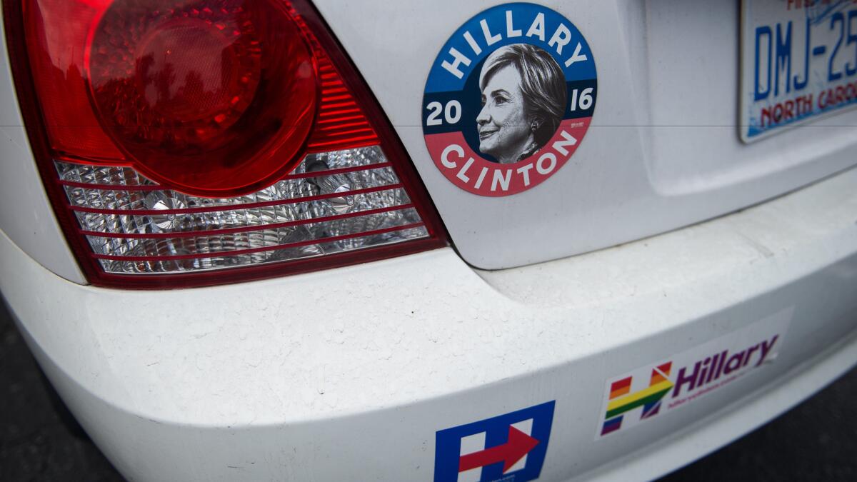 A few (relatively mild) bumper stickers express a North Carolina car owner's support for Democratic presidential candidate Hillary Clinton.