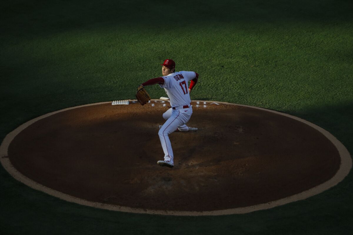 Angels pitcher Shohei Ohtani delivers a second-inning pitch against the Houston Astros.