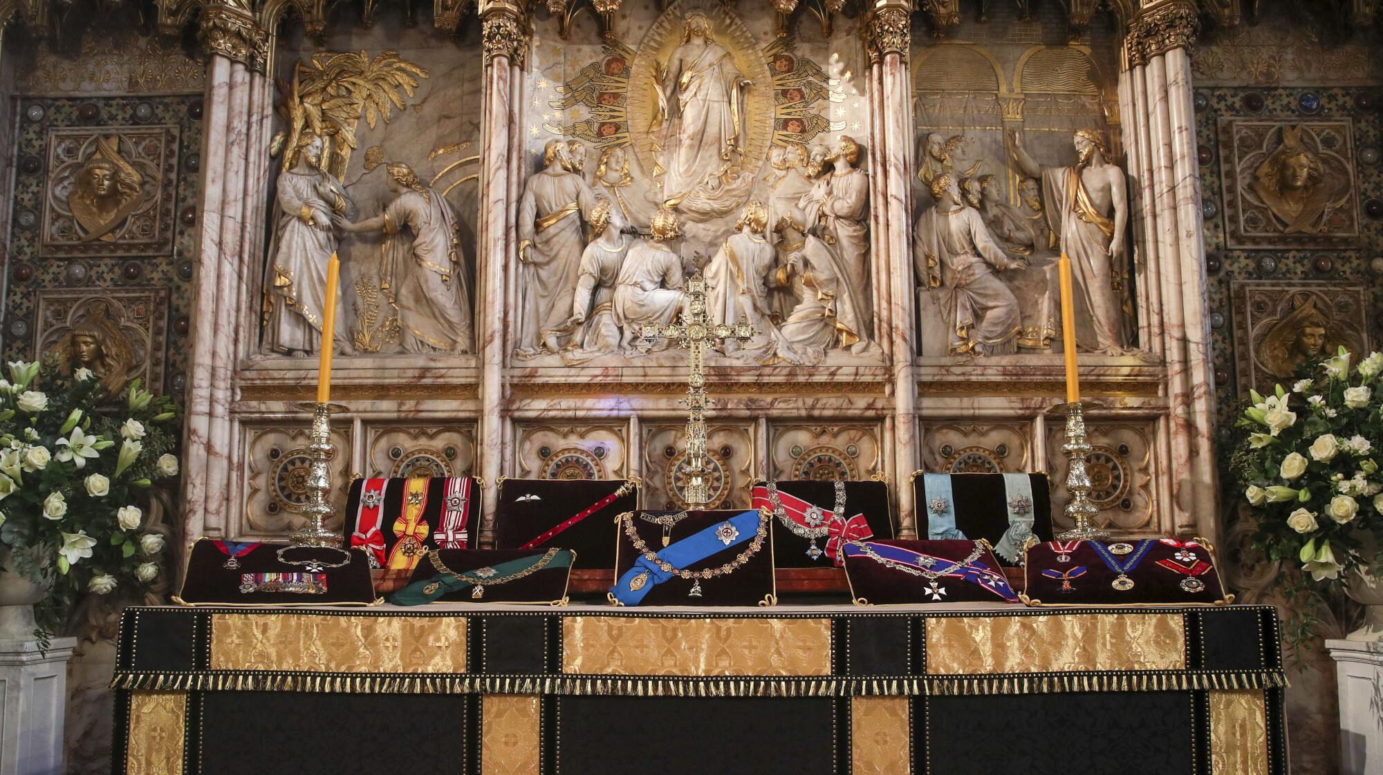 Prince Philip's insignias are on display on the altar in St. George's Chapel.
