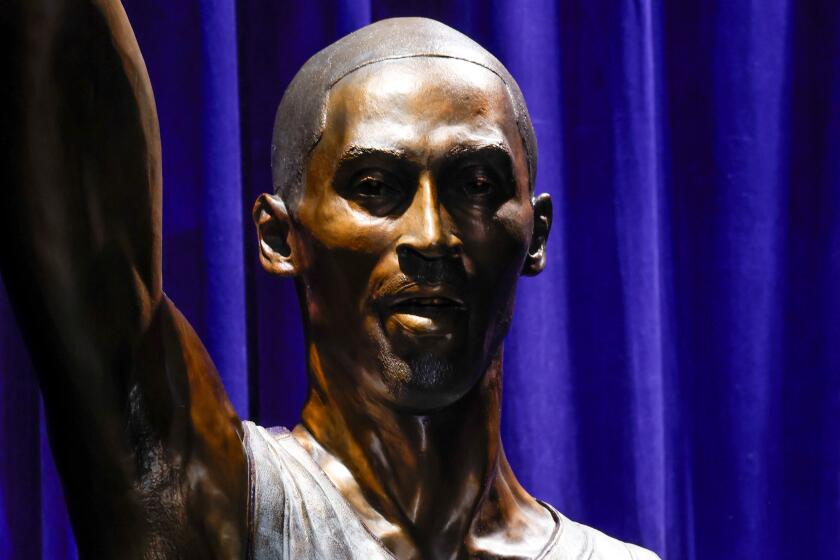 LOS ANGELES, CA - FEBRUARY 08: The Los Angeles Lakers unveil a statue honoring the late Kobe Bryant.