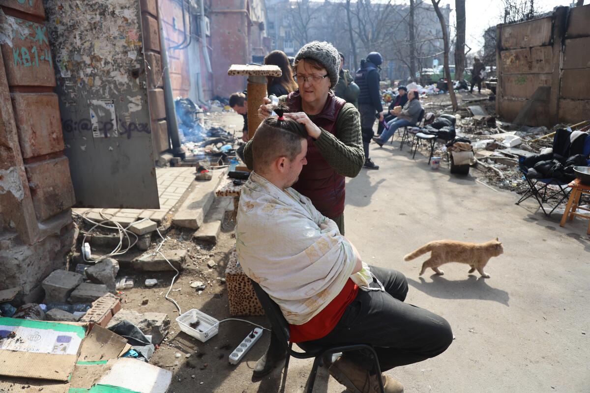 A woman cuts a man's hair as a cat ambles by on a ruined street in Mariupol.