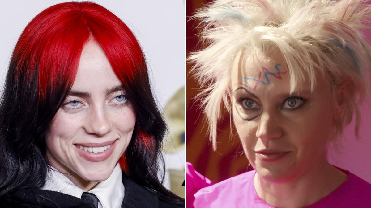 A split image of Billie Eilish with red-and-black hair and Kate McKinnon with spiky blond hair, shapes on her face