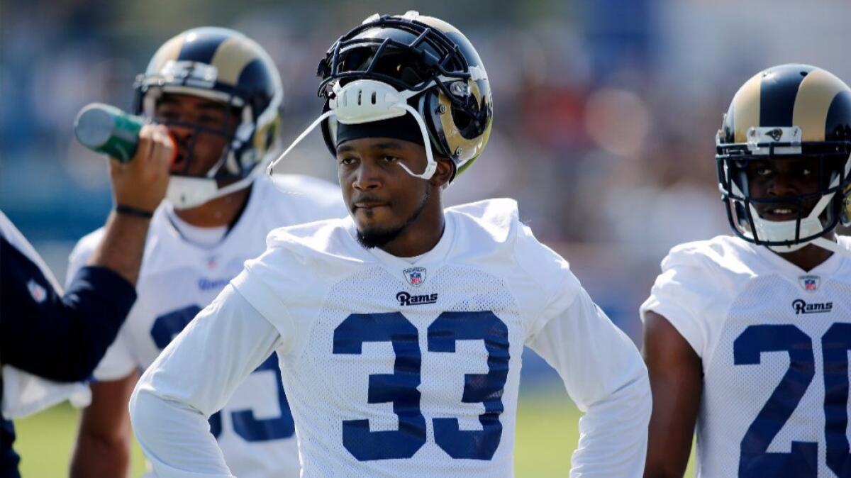 Rams cornerback E.J. Gaines looks on during the first day of training camp on July 30.