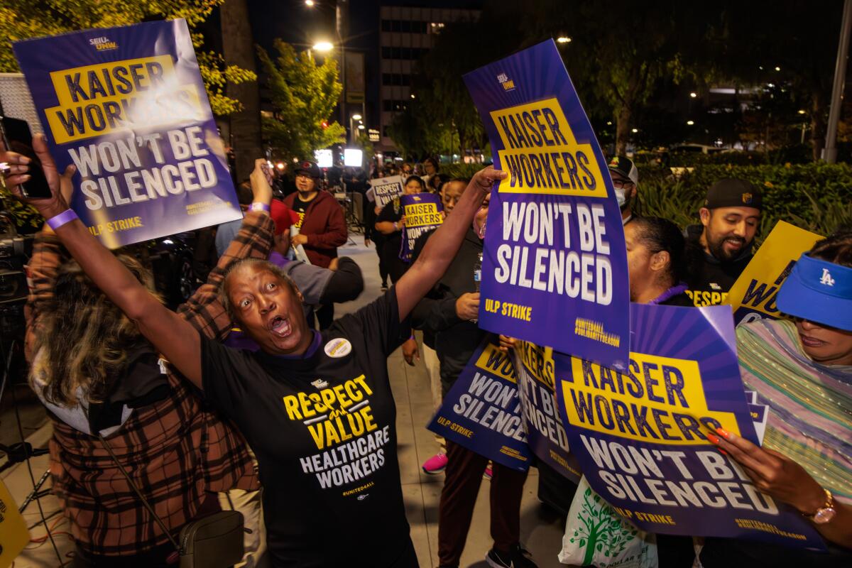 On the first day of a three day strike, Kaiser employees picket and rally at Kaiser Permanente Los Angeles Medical Center.