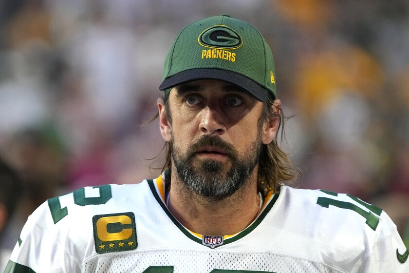 A close-up photo of the NFL's Aaron Rodgers, in uniform. 