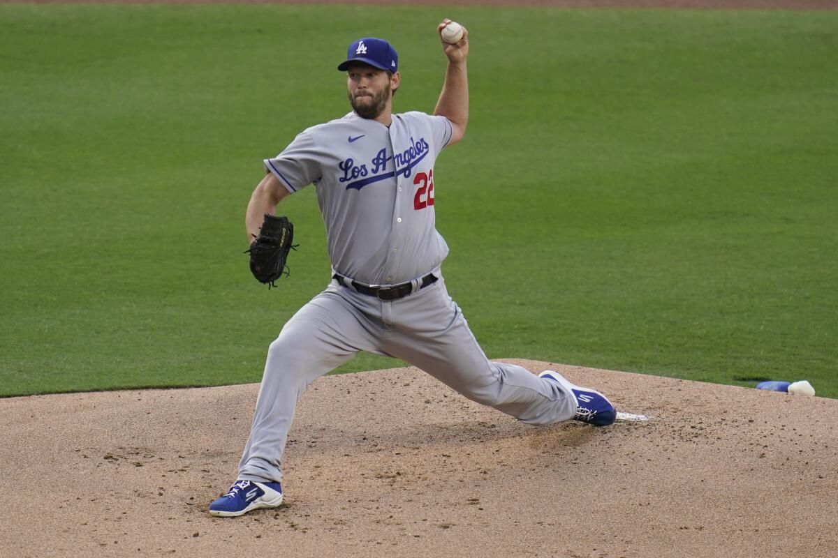 Dodgers starting pitcher Clayton Kershaw delivers against the San Diego Padres on Saturday.