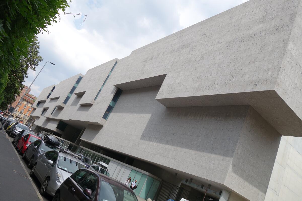 An exterior view of Grafton Architects' Universita Luigi Bocconi's School of Economics in Milan.