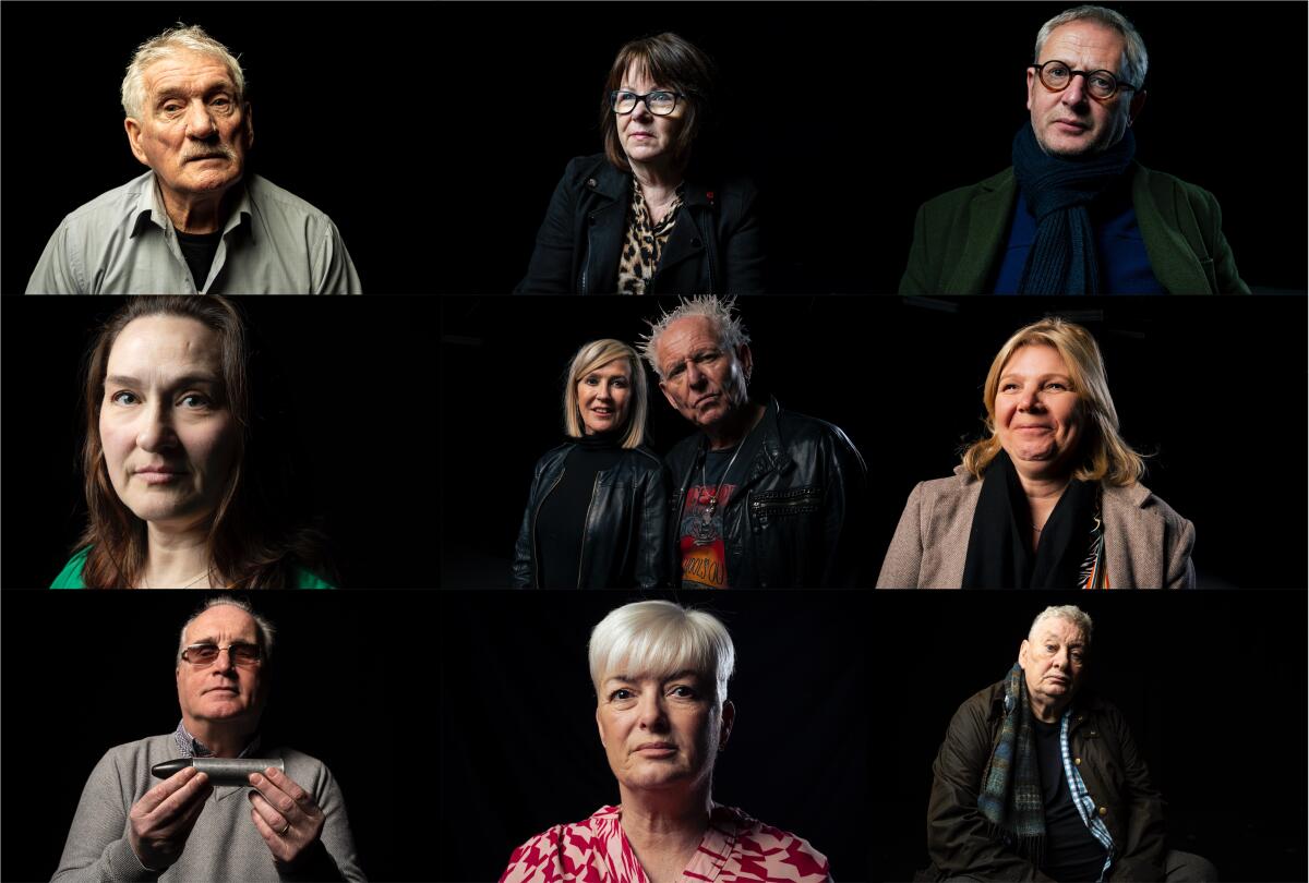 Nine frames of people sitting before a black background in the documentary.