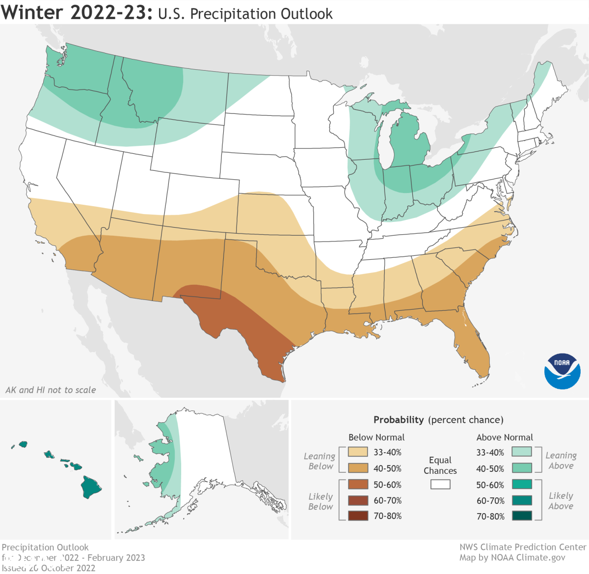 An NOAA map shows drier-than-average conditions are forecast in much of Southern California.