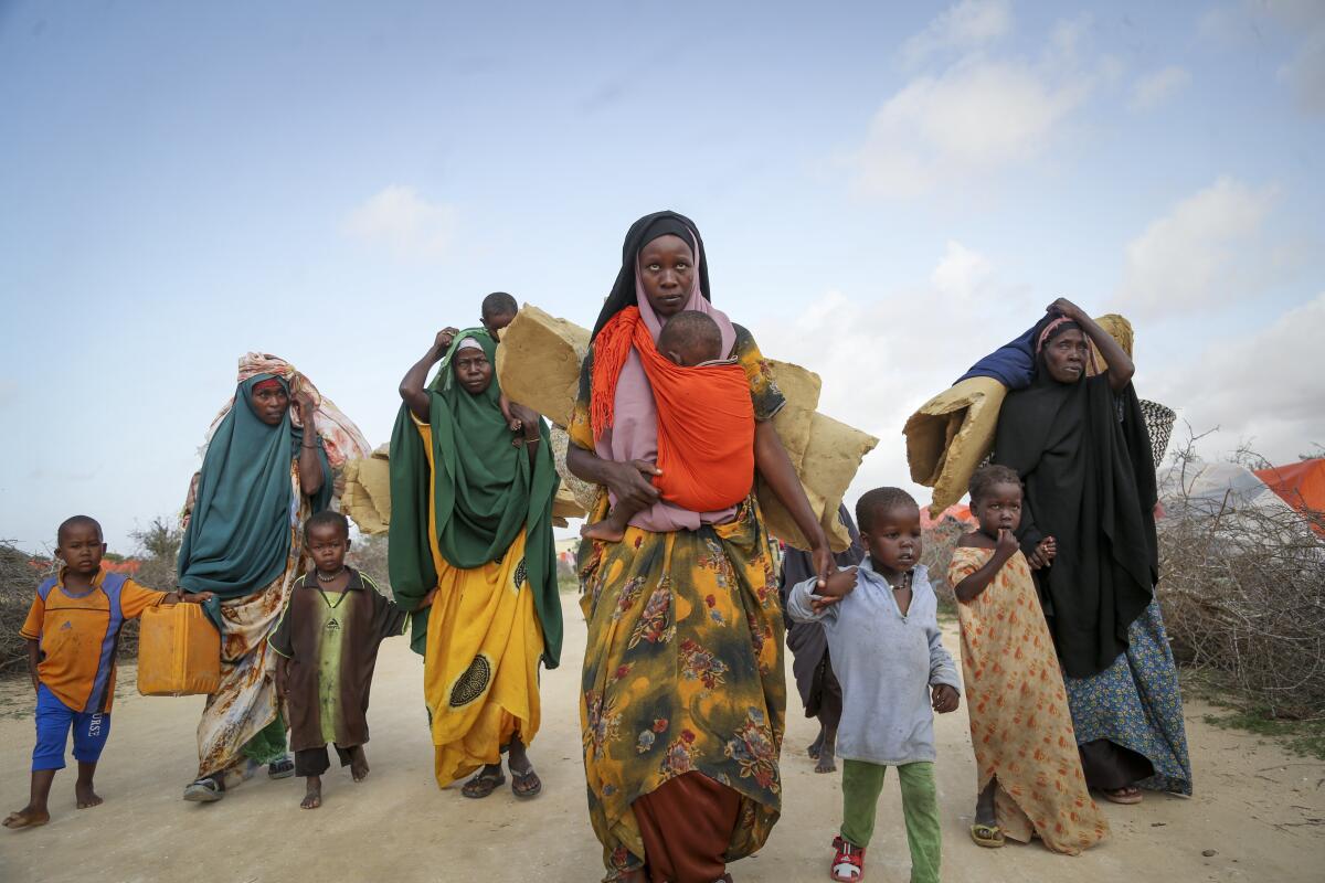 Familias somalíes caminan hacia un campamento para personas desplazadas por una sequía