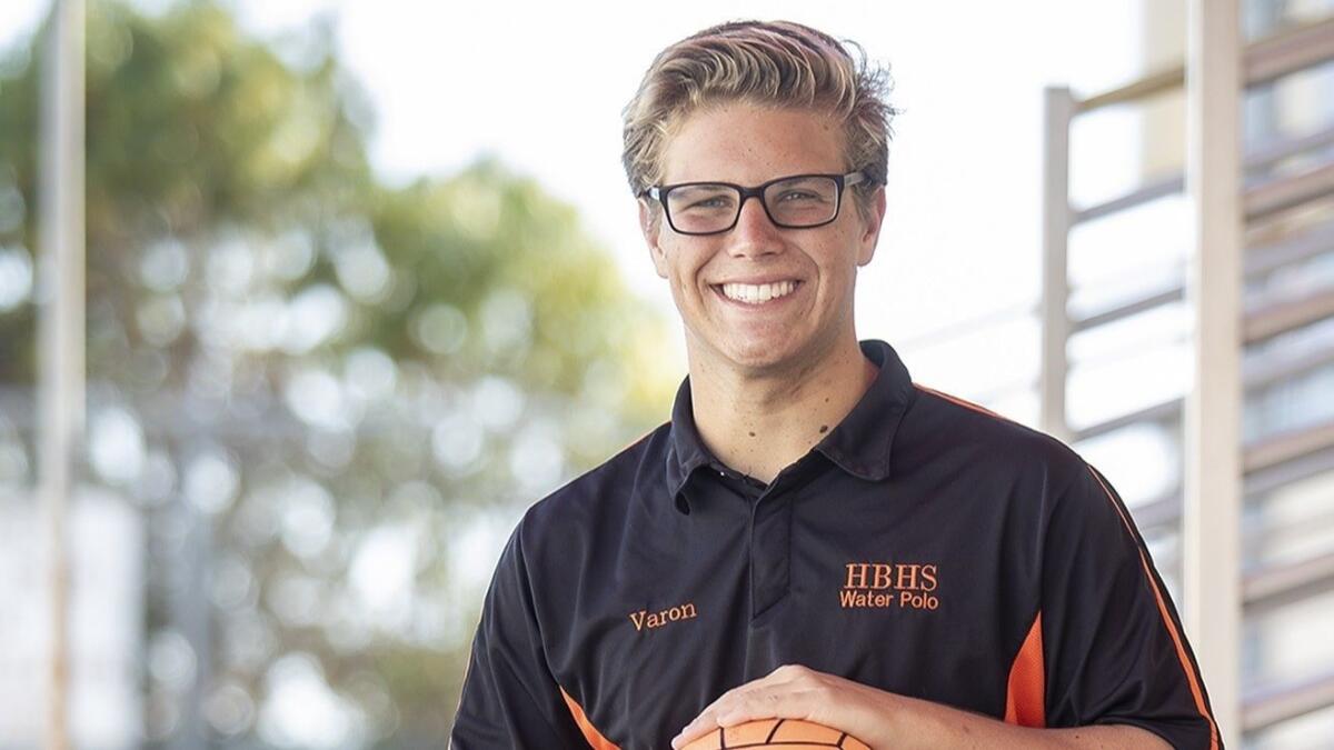 Huntington Beach High senior Saxon Varon finished with five goals, five assists and four field blocks during the S&R Sport Invitational at Woollett Aquatics Center last week.