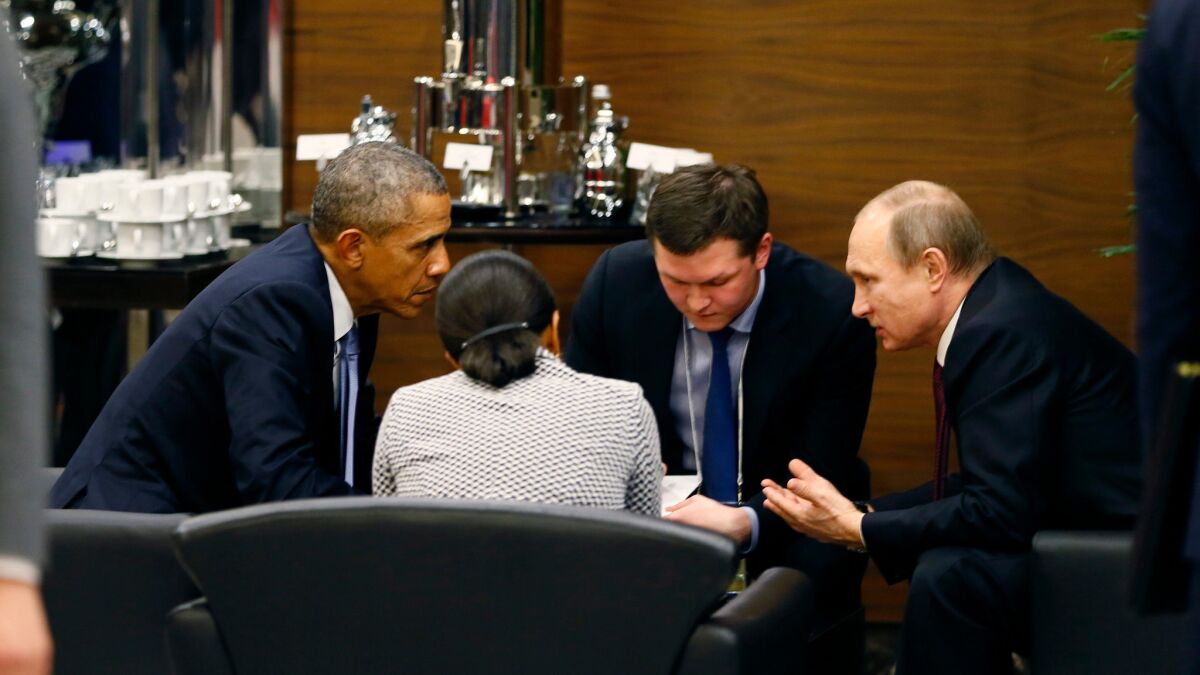 President Barack Obama and Russian counterpart Vladimir Putin talk at the G-20 summit in Turkey in November.