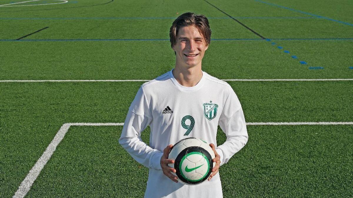 Edison High's Jack Morrell, seen posing for a portrait on Jan. 11, 2018, scored one of the Chargers' three goals in their win over Huntington Beach on Friday.