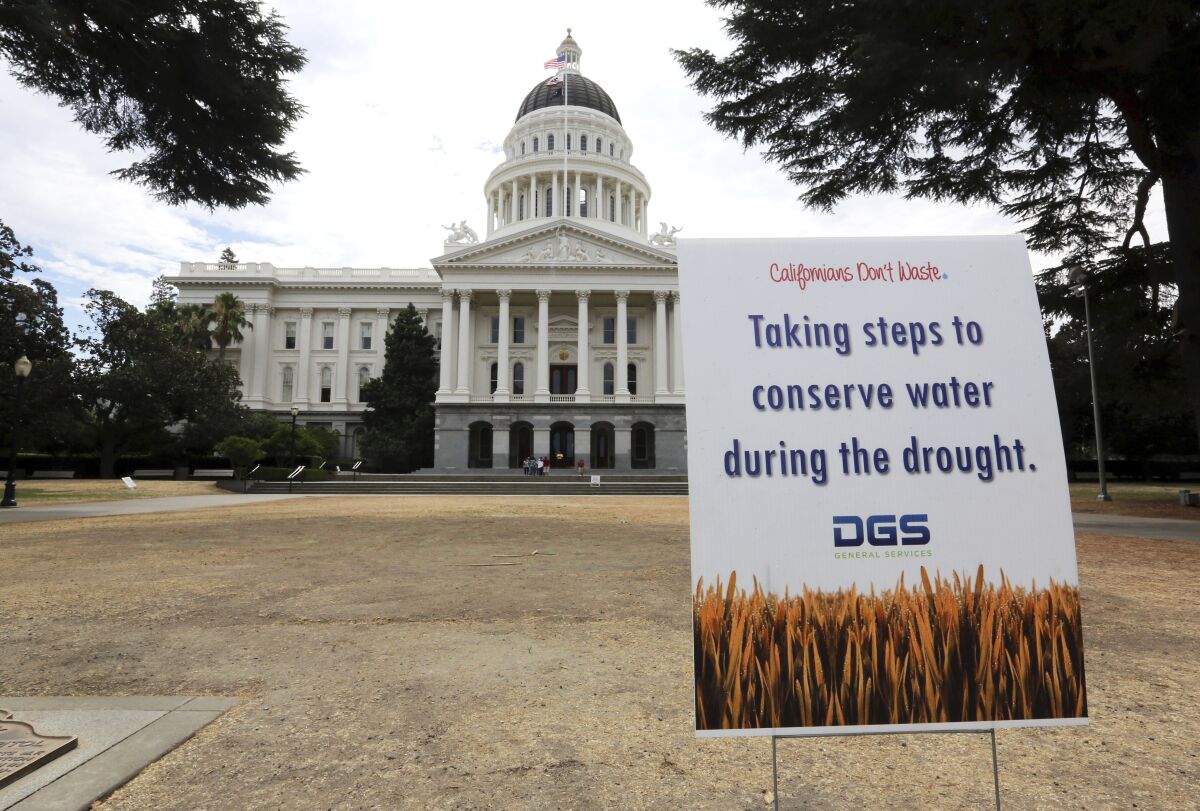 A file photo alerting visitors to water conservation efforts at the state Capitol in Sacramento.