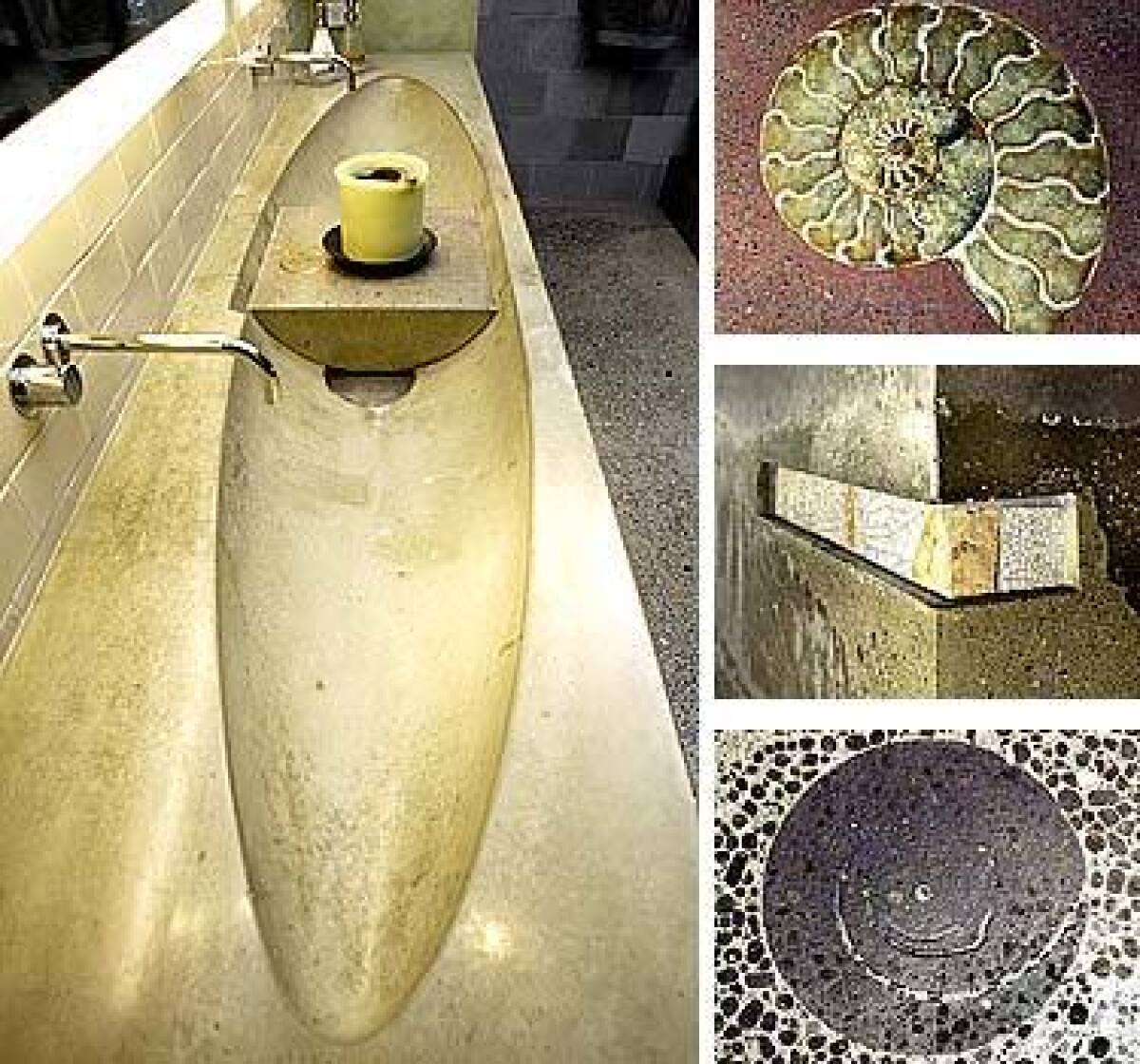 Fu-Tung Cheng accents his projects with such features as inlaid ammonite or other fossils, top; sculptural cutouts and insets, center; and infinitely varied aggregates and pigments, above. At left, an extra-long bathroom sink cast in concrete.