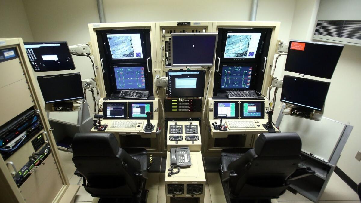A ground control station cockpit for remotely piloting aircraft is pictured at Creech Air Force Base in Indian Springs, Nev.