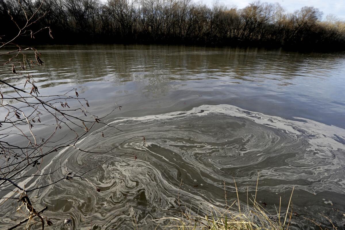 Coal ash residue swirls in the Dan River in Danville, Va., in Feburary 2014.
