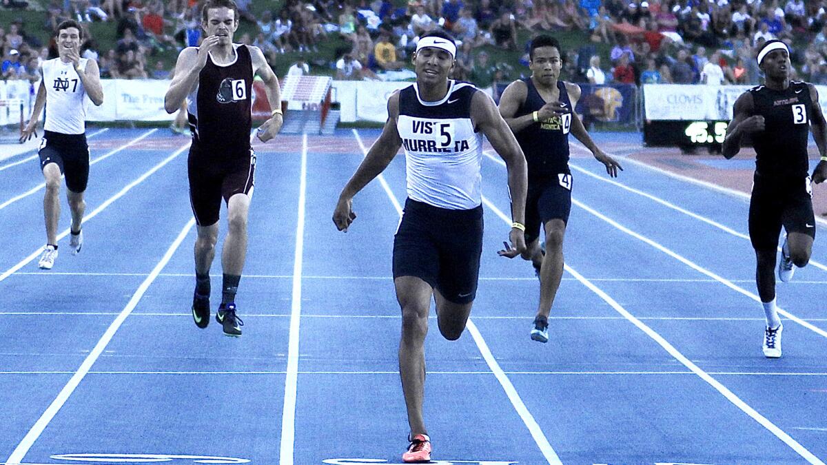 Vista Murrieta senior Michael Norman wins the 400-meter dash at the 2018 state track and field meet in Clovis.