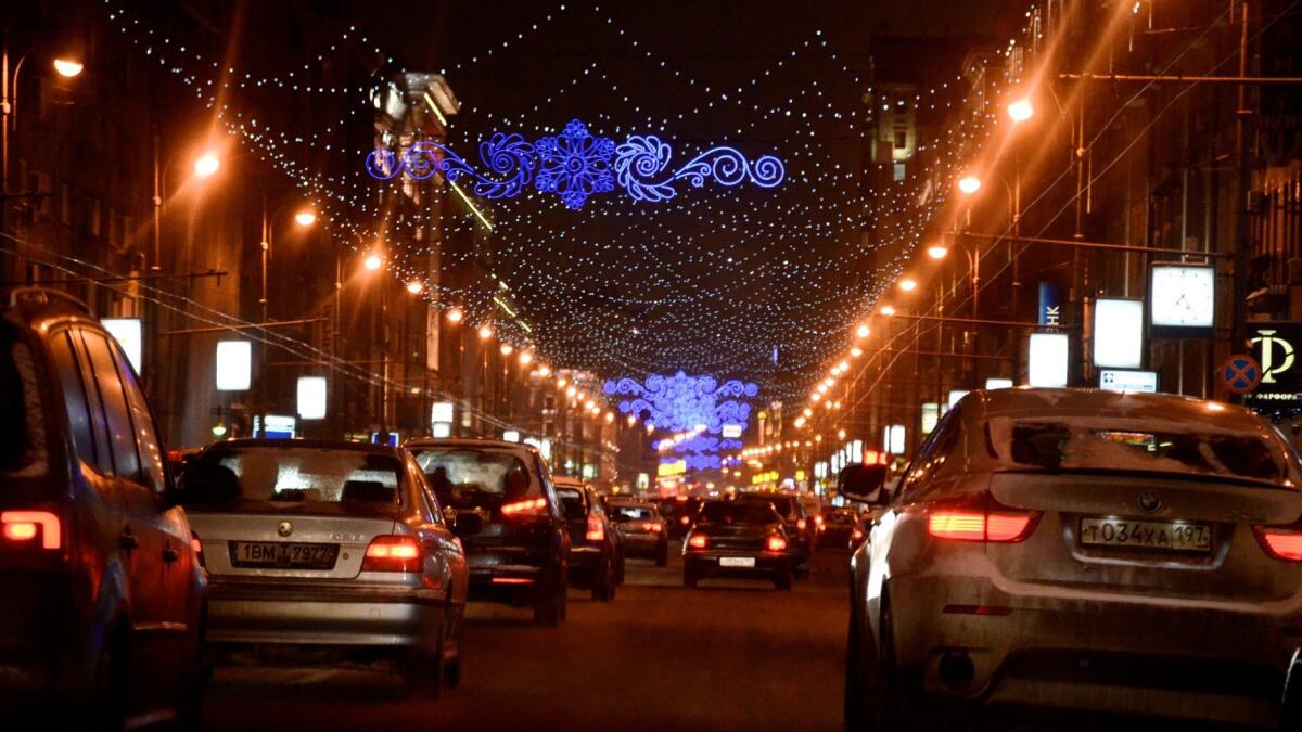 Traffic fills the streets of central Moscow on a winter night in early 2013. U.S. State Department figures show traffic accidents are a major cause of fatalities among U.S. citizens abroad.