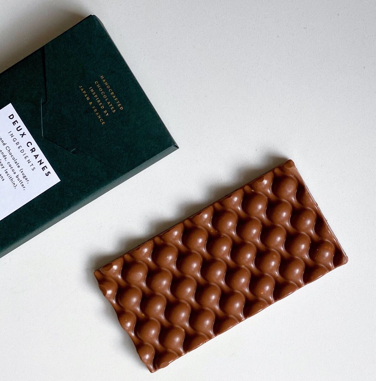 A hand-crafted chocolate bar from Deux Cranes in San Diego