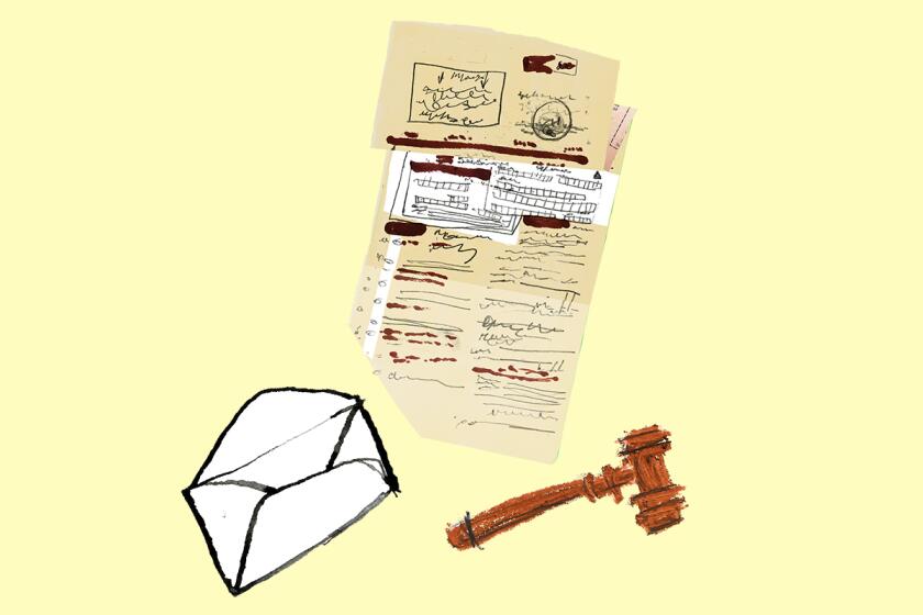 An illustration of a summons with an open envelope and gavel on a yellow background