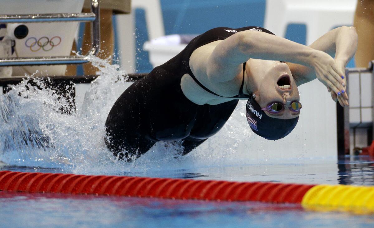 FILE - In this Aug. 3, 2012, file photo, United States' Missy Franklin starts in the women's 200-meter backstroke final at the Aquatics Centre in the Olympic Park during the 2012 Summer Olympics in London. Franklin won a gold medal in the event. (AP Photo/Michael Sohn, File)