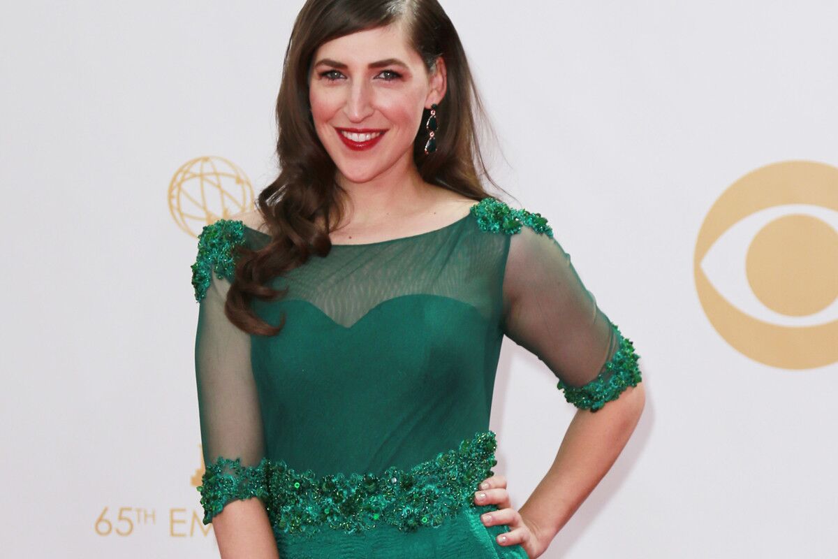Mayim Bialik of "The Big Bang Theory" in an Oscar Tolentino Couture dress on the red carpet Sunday at the 65th Primetime Emmy Awards Show at Nokia Theatre.
