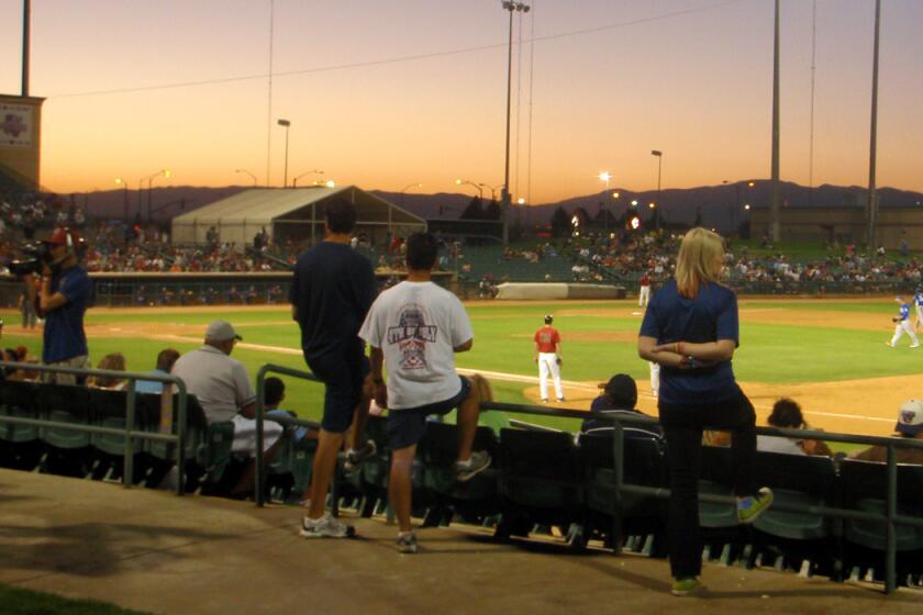 Baseball fans take in a game at the Hangar in Lancaster, home to the California League's JetHawks.