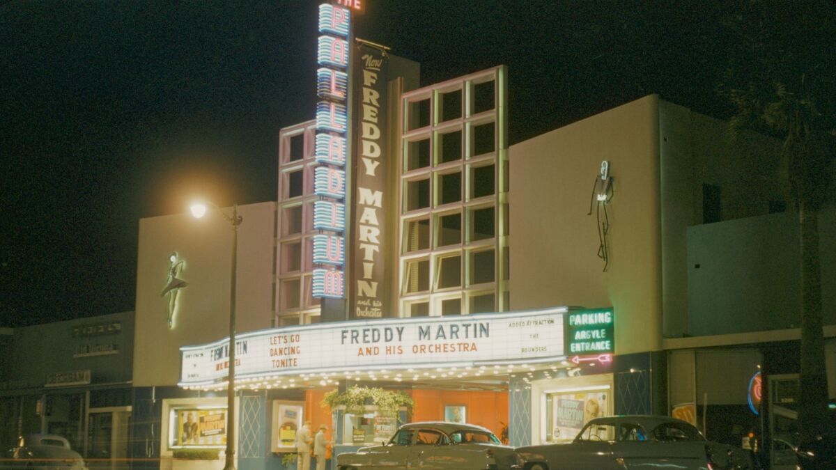 The Hollywood Palladium on Sunset Boulevard in Los Angeles, circa 1950. Freddy Martin and his Orchestra are the featured band.
