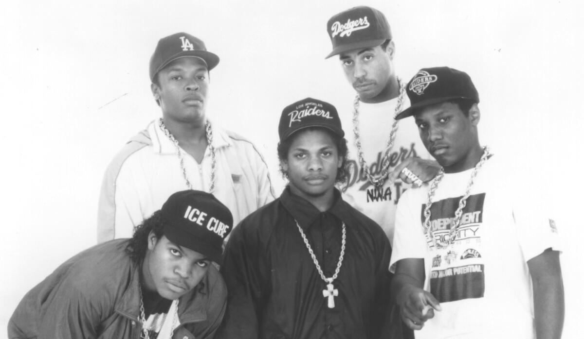 N.W.A. members, from left, Ice Cube, Dr. Dre, Eazy-E, Yella and M.C. Ren.