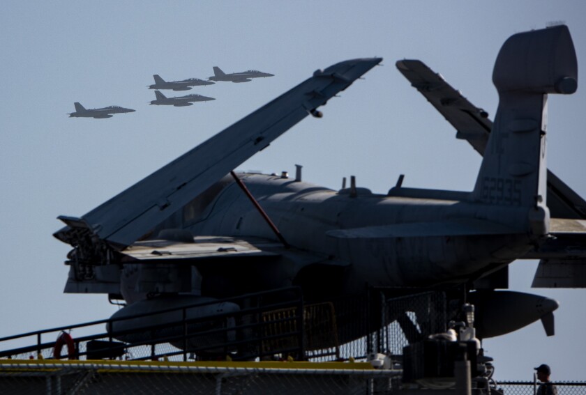 F/18s do a fly over near the USS Midway Museum for the "Top Gun: Maverick" world premiere.